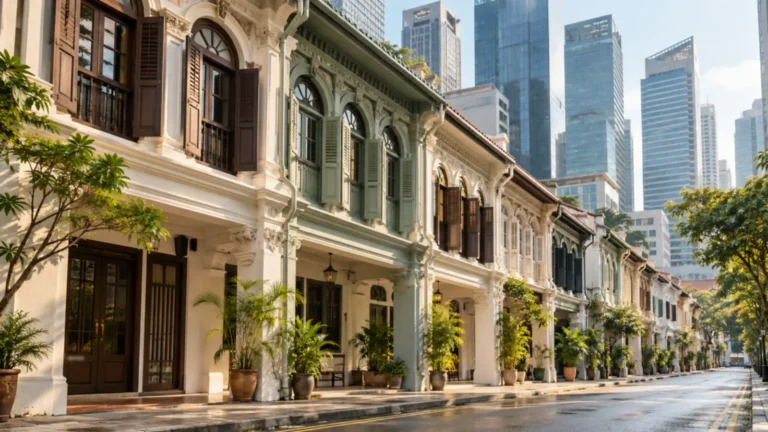 Restored heritage shophouses in Singapore's Central Business District with modern office towers behind