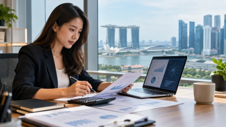 Finance professional reviewing AI software spending and financial documents in a modern office