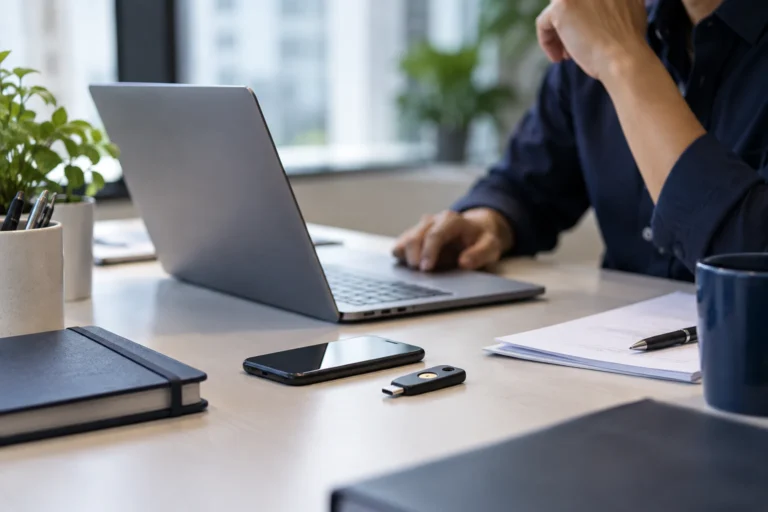 Business professional using a laptop, smartphone and security key